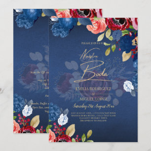 Invitation NUESTRA BODA Burgundy Blue Floral Wedding INVITE