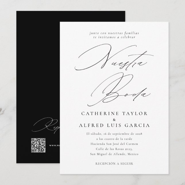 Invitation Nuestra Boda Espagnol Script noir QR Code Mariage (Devant / Derrière)