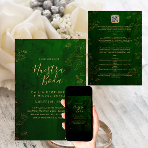 Invitation NUESTRA BODA GREEN GOLD RSVP MENU DETAILS QRCode 