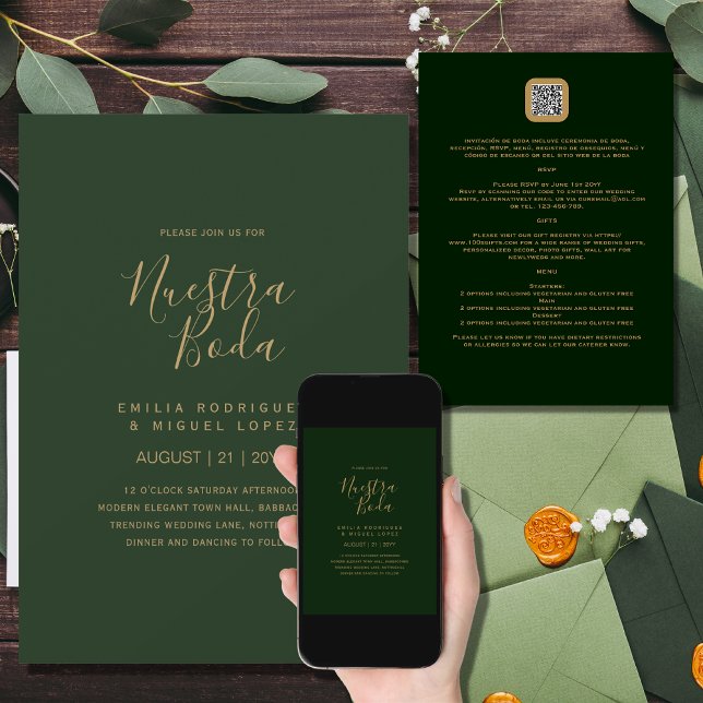 Invitation NUESTRA BODA GREEN GOLD RSVP MENU DETAILS QRCode   (Créateur téléchargé)