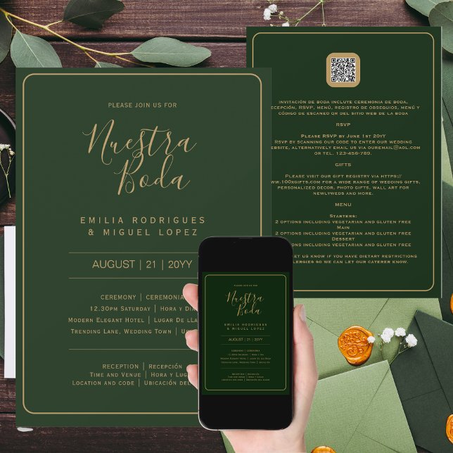 Invitation NUESTRA BODA GREEN OR RSVP MENU DÉTAILS QRCode (Créateur téléchargé)