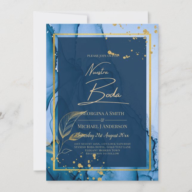 Invitation NUESTRA BODA Marine Blue Gold Ink Wedding INVITE (Devant)