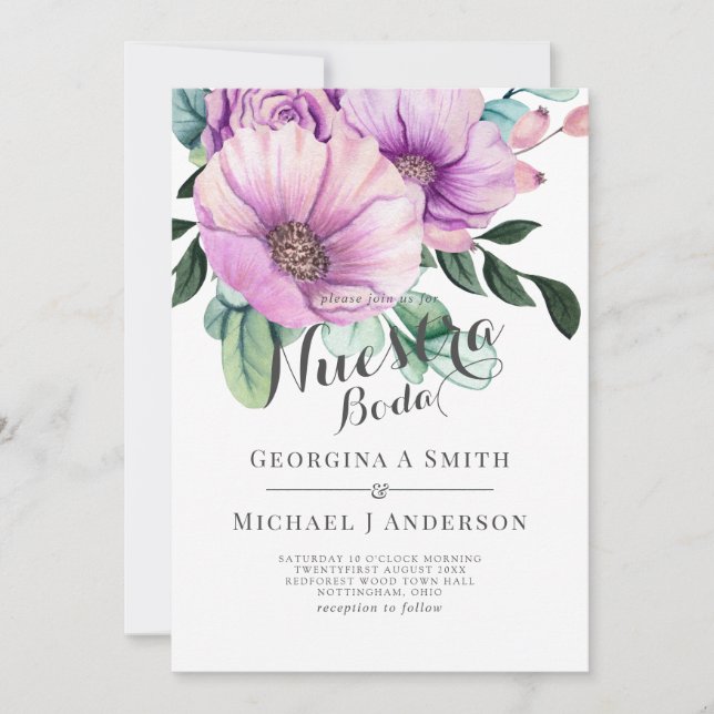 Invitation Nuestra Boda Moderne Espagnol Mariage Fleurs viole (Devant)