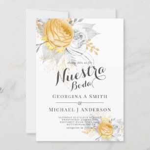 Invitation Nuestra Boda Or Roses Blanches Argent Feuille Mode