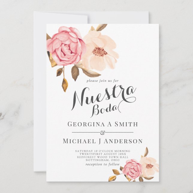 Invitation Nuestra Boda Roses Mariage d'aquarelle rose (Devant)