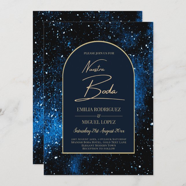 Invitation NUESTRA BODA Starry Night Marine Blue Gold INVITAT (Devant / Derrière)