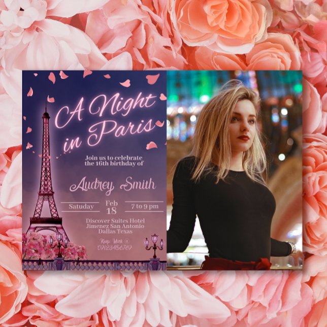 Invitation Nuit à Paris - Anniversaire avec photo (Night in Paris - Birthday with Photo Invitation)