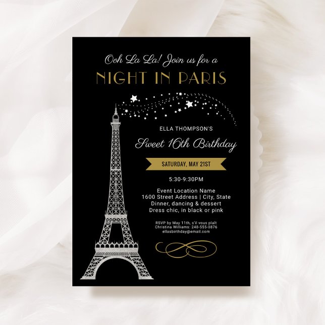 Invitation Nuit à Paris Tour Eiffel Gold Sweet 16 Anniversair (Créateur téléchargé)