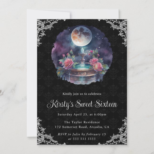 Invitation Nuit aquarelle Fontaine Florale Sweet sixteen (Devant)