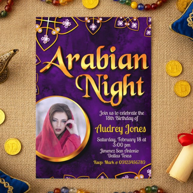 Invitation Nuit arabesque avec photo - Violet (Arabian Night with Photo - Violet Invitation)