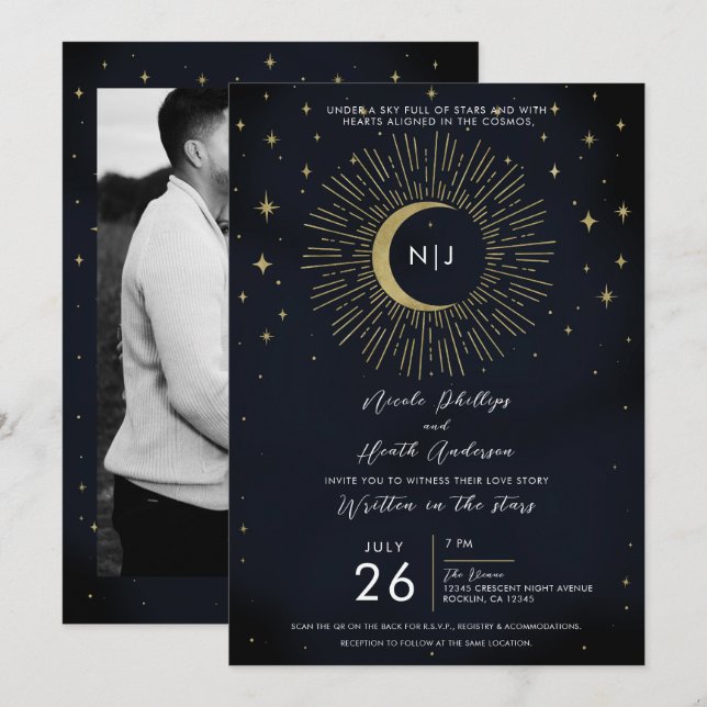 Invitation Nuit aux étoiles dorées Soleil céleste Éclatement  (Devant / Derrière)