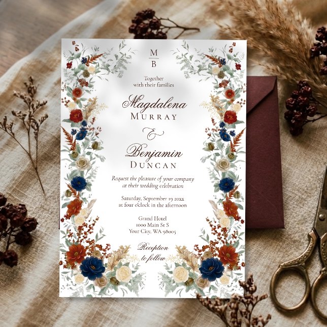 Invitation Nuit Bleue & Florales Orange Brûlée Mariage d'Auto (Créateur téléchargé)