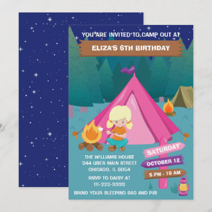 Invitation Nuit Camping Anniversaire Fête Blonde Hair Girl In