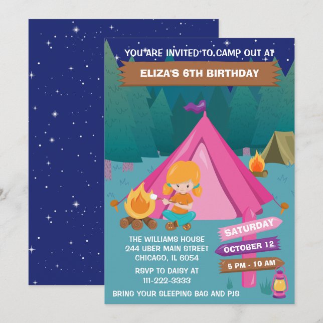 Invitation Nuit Camping Anniversaire Fête Red Hair Girl Invit (Devant / Derrière)