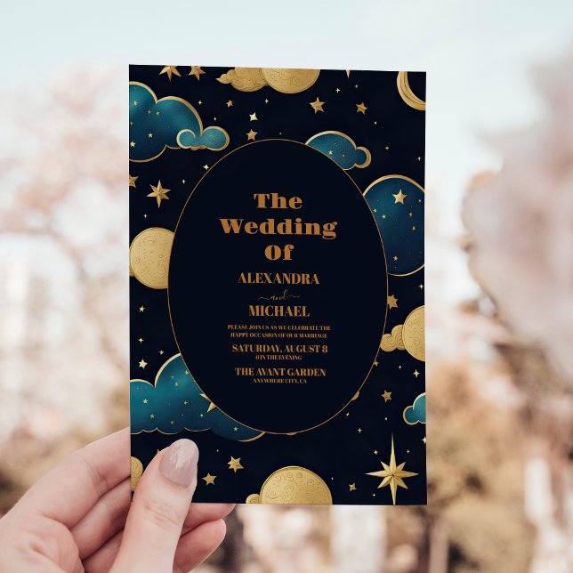 Invitation Nuit Céleste Bleue Étoiles Lune Mariage (Créateur téléchargé)