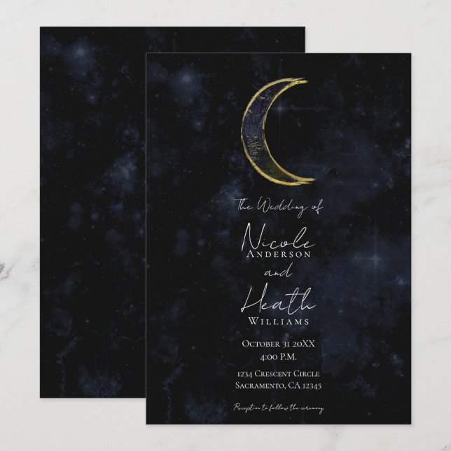 Invitation Nuit Céleste Lune Noire Or Étoile Mariage (Devant / Derrière)