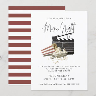 Invitation Nuit d'anniversaire du film Popcorn Watercolor Inv