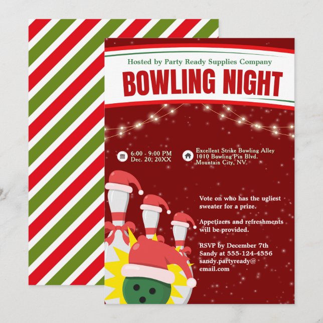Invitation Nuit de bowling de Noël Chapeaux Rouge Arrière - p (Devant / Derrière)