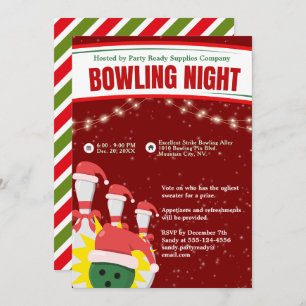 Invitation Nuit de bowling de Noël Chapeaux Rouge Arrière - p