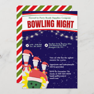 Invitation Nuit de bowling de vacances Santa Hats Arrière - p