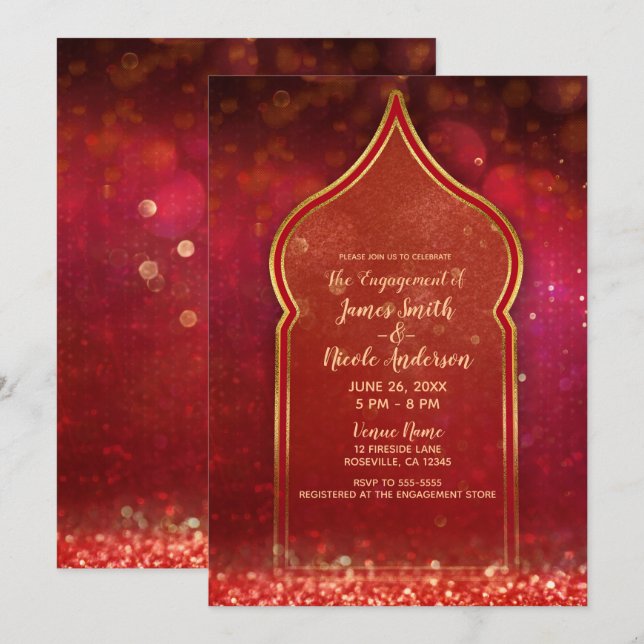 Invitation Nuit de fiançailles marocaine rouge et or (Devant / Derrière)