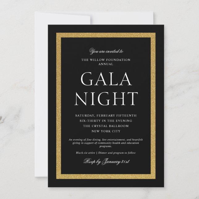 Invitation Nuit de gala élégante noire et dorée (Devant)