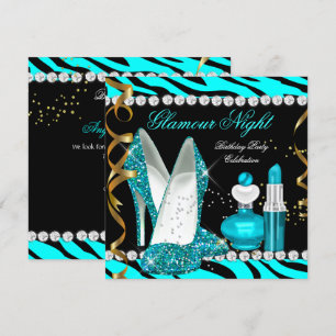 Invitation Nuit de Glitter Glamour Bleu sarcelle Or Noir Zèbr