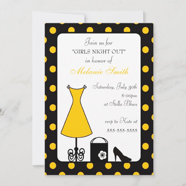 Invitation Nuit de la fille Polka Jaune Noire (Devant)