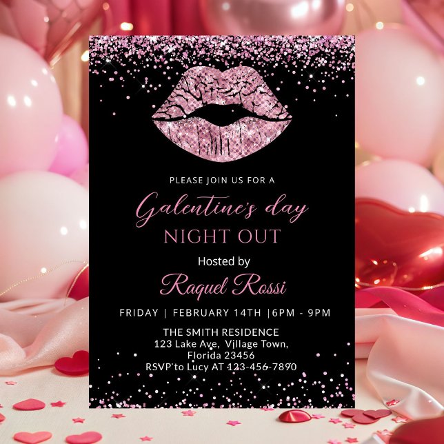 Invitation Nuit de la Saint-Valentin entre copines Lèvres Ros (Galentine's Day Night Out Pink Glitter Lip Invitation)