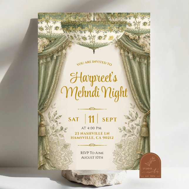 Invitation Nuit de Mendhi Florale Verte de Sauge Blanche (Créateur téléchargé)