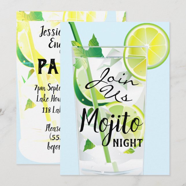 Invitation Nuit de Mojito Menthe Citron Lumière Bleue (Devant / Derrière)