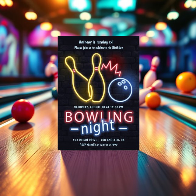 Invitation Nuit de Neon Bowling fête d'anniversaire (Neon Bowling Birthday Party Invitation)