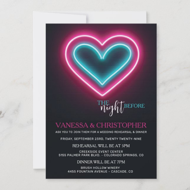 Invitation Nuit de Neon Hearts Avant La Répétition Mariage (Devant)