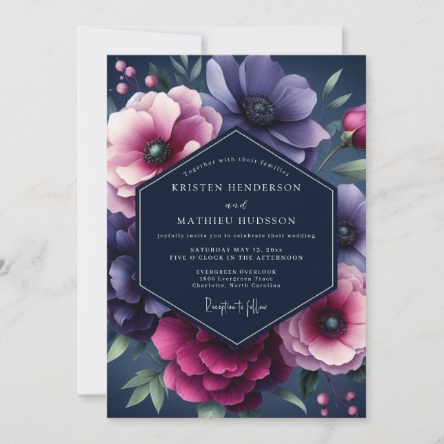 Invitation Nuit de noces Navy & Plum Dramatic Bloom (Devant)