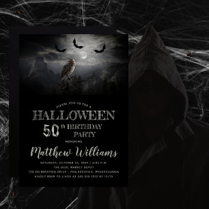 Invitation Nuit Eerie Owl Bats Halloween 50e fête d'anniversa