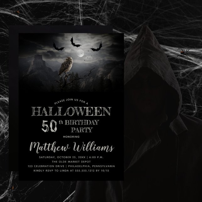 Invitation Nuit Eerie Owl Bats Halloween 50e fête d'anniversa (Beware the erie creepy, spooky night -- owl and bats Halloween-themed 50th Birthday Party design.  )