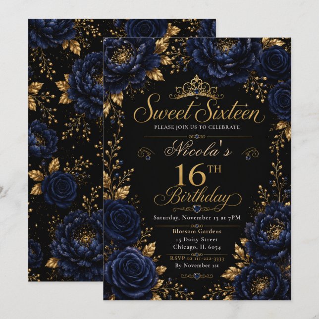 Invitation Nuit et Noir Sweet Seize Ans (Devant / Derrière)