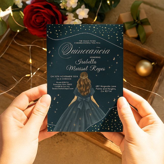 Invitation Nuit étoile Elégante Blue Gown Quinceañera (Créateur téléchargé)