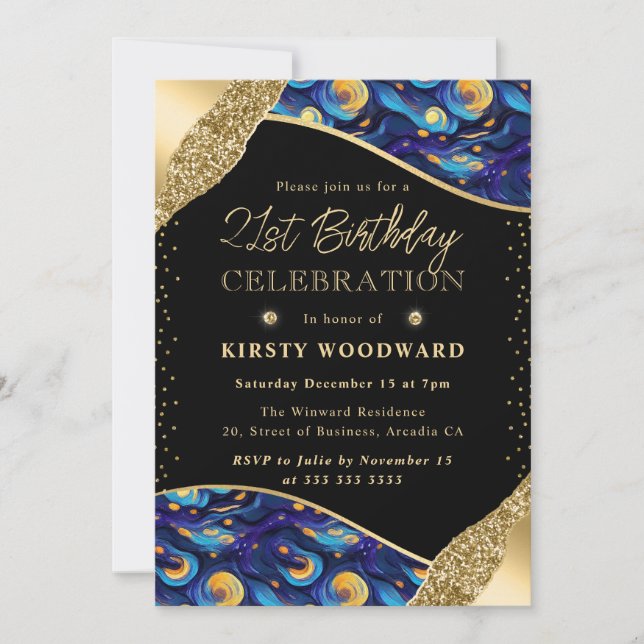 Invitation Nuit étoilée bleue et jaune 21e anniversaire (Devant)