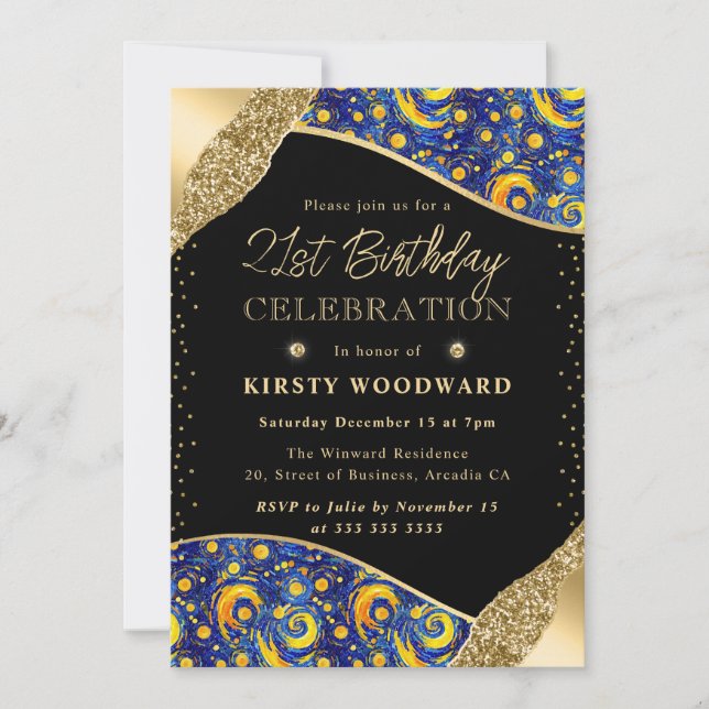 Invitation Nuit étoilée bleue et jaune 21e anniversaire (Devant)