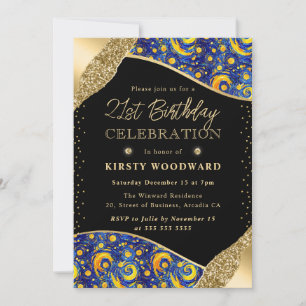 Invitation Nuit étoilée bleue et jaune 21e anniversaire