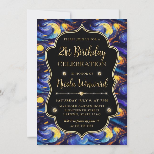 Invitation Nuit étoilée bleue et jaune 21e anniversaire (Devant)