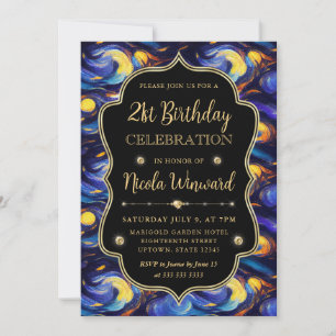 Invitation Nuit étoilée bleue et jaune 21e anniversaire