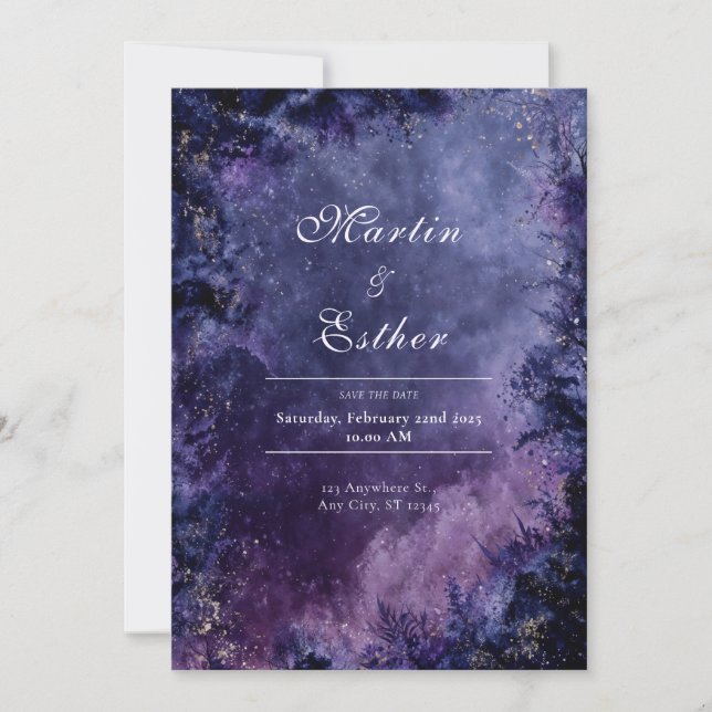 Invitation Nuit étoilée de mariage Nébuleuse Or Pourpre Mysti (Devant)