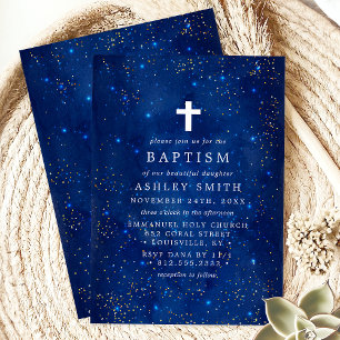 Invitation Nuit Étoilée Élégante Avec Baptême de Croix