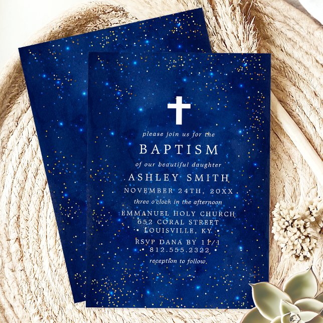 Invitation Nuit Étoilée Élégante Avec Baptême de Croix (Créateur téléchargé)