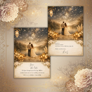 Invitation Nuit étoilée enchantée Lac Bleu & Or Mariage