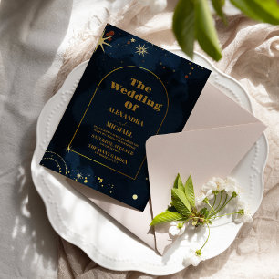 Invitation Nuit étoilée mariage bleu marine argent paillettes