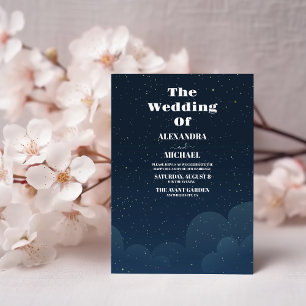 Invitation Nuit Étoilée Mariage Bleu Nuit Argent Paillettes