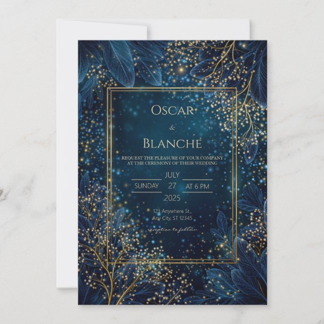 Invitation Nuit étoilée, or de la marine, mariage botanique (Devant)